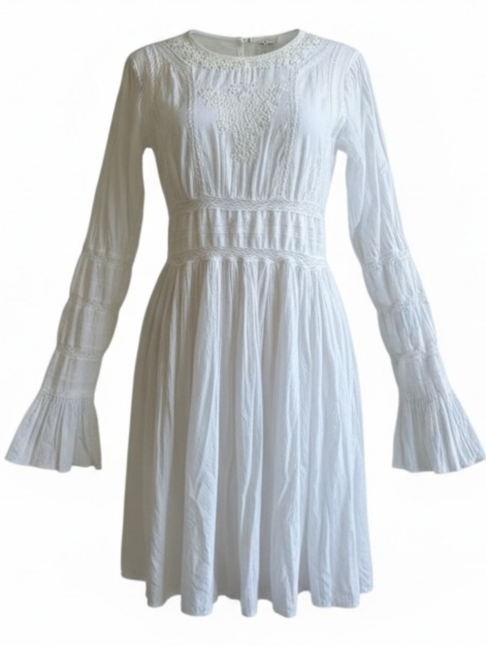 Free People White Long-Sleeve Lace-Trim Mini Dress